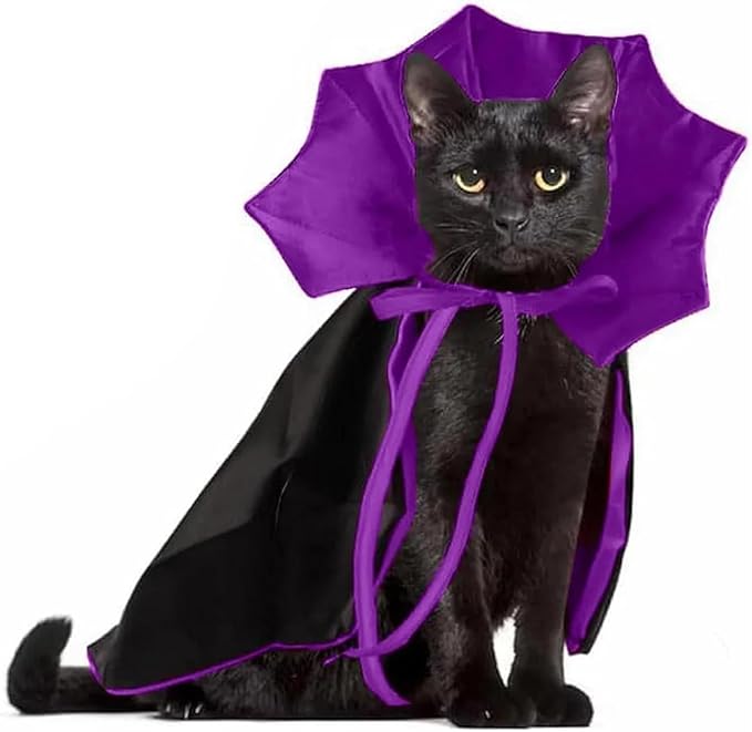 Qiansail Cat Cape Vampire Cloak Halloween Dog Costume Pet Cosplay Apparel Outfit Decor Accessories for Puppy Kitten (Black&Purple)