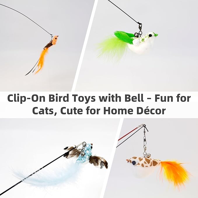 11 PCS Multi-Functional Cat Toy Replacement Heads – Realistic Handmade Bird Teasers with Bells & Detachable Clip, for Interactive Play, Indoor Enrichment & Home Decoration