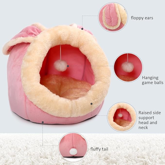 Cat Beds for Indoor Cats - Rabbit-Shaped Cat Cave Bed with Hanging Toy,Super Soft Calming Pet Bed for Kitten&Puppy,Small Dog,Warm Plush&Machine Washable&Removable Cotton Pad,Cat Hideaway