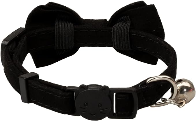Cat Collar with Bow Tie Bell Breakaway Kitten Small Pet Safety Solid Wedding Basic Pure Color Suede Soft Adjustable [1pc] Black