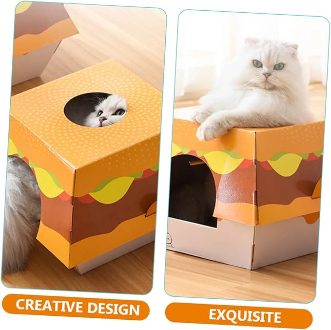 BESTonZON Cat House Hamburger Bed Scratching Board Creative Corrugated Cardboard Toy for Indoor Cats and Stable Design to Prevent Furniture Damage