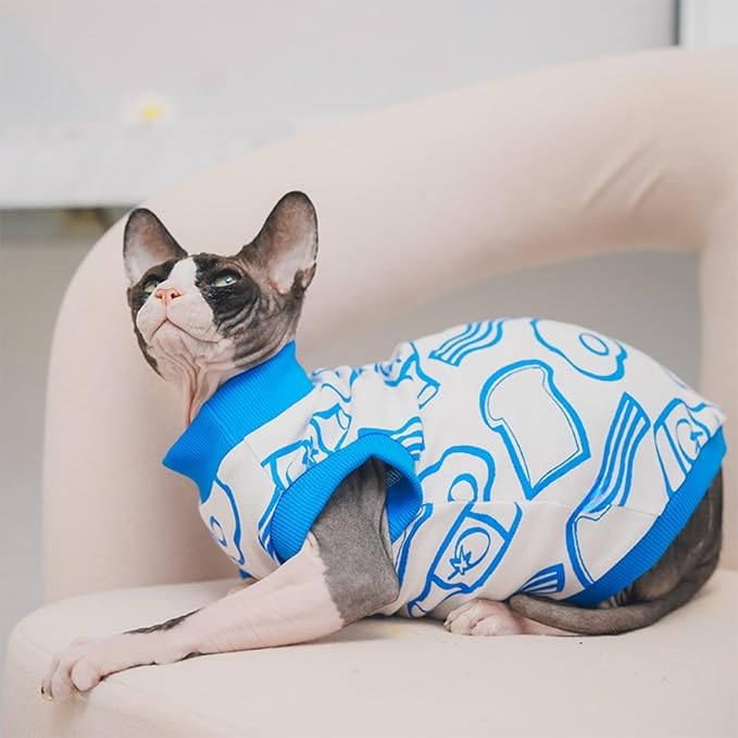 Sphynx Hairless Cat Summer Cotton T-Shirts Cat Vest Pet Clothes, Round Collar Vest Kitten Shirts Sleeveless, Cats & Small Dogs Apparel (Breakfast, M (5.5-7 lbs))