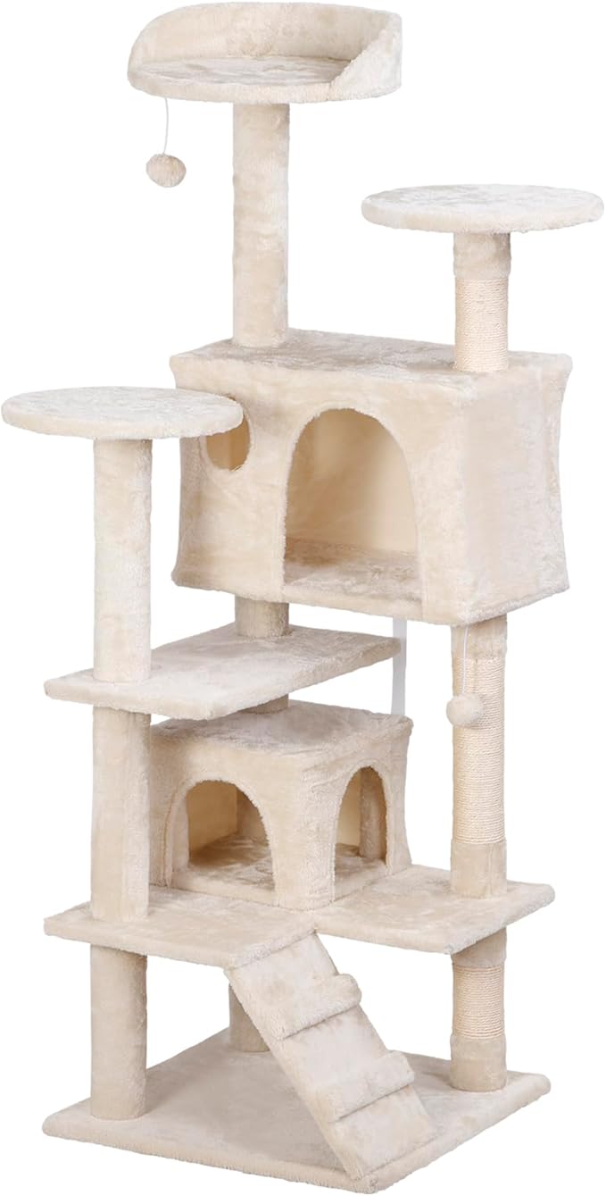 54in Cat Tree for Indoor Cats Multi-Level Condo Tower Bed Furniture Kitten Play House with Scratching Posts, Beige
