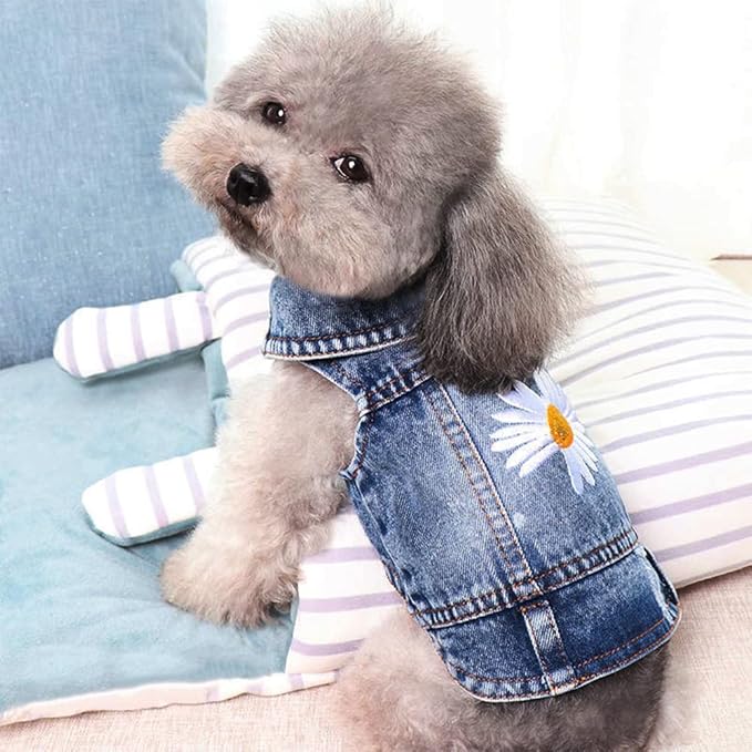 Dog Denim Jacket with Embroidered Daisy, Ripped Vintage Jean Vest for Small Dogs, Puppy, Pugs, Chihuahuas, Spring Summer Fall Festival Outfit, XS (Fits Chest 9-10")