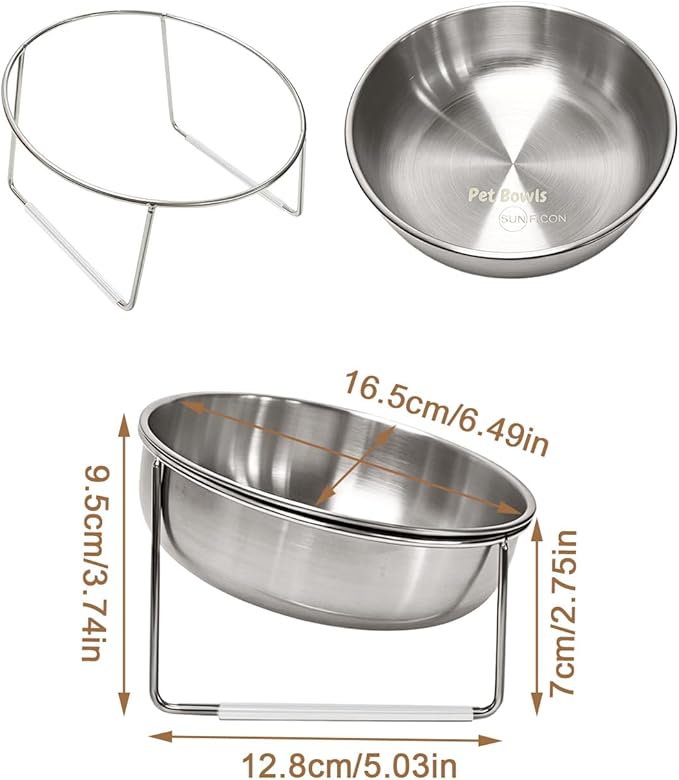 15° Tilted Cat Food Bowls 304 Stainless Steel Kitten Food Bowl Raised Food and Water Dish for Cats Elevated Cat Bowl Plate Stand Whisker Friendly Smooth Polished Easy to Clean Dishwasher Safe 2PACK