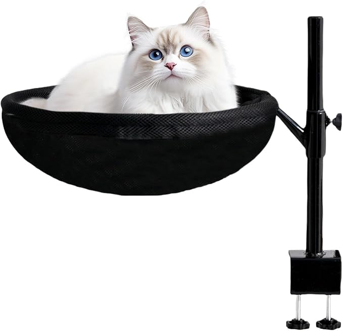 Desk Cat Bed Hammock, 360 Rotating Cat Nest Seat, Space Saving Pet Bed Mounted On Table with Washable Cushion Cover, Modern Cats Furniture for Home Office Setup Desktop Use