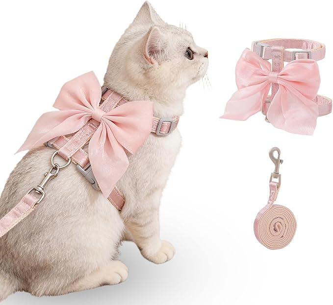 Tensho Pink Bow Cat Harness and Leash Set Escape Proof, Adjustable Kitten Harness with Leash, Bow Tie Cat Harness for Walking Outdoor - Soft Lightweight Harness for Small Dogs Cats Rabbits (S)