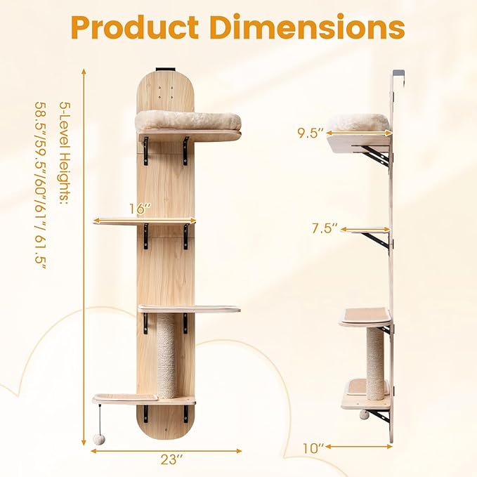 PETSITE Door Mounted Cat Tree, 58.5-61.5 Inches Height Adjustable Hanging Cat Climber with Scratching Post, Detachable Scratching Mats, and Comfy Plush Cat Bed (Natural)