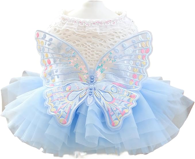 Pet Dog Cat Princess Dress, Fairy Butterfly Tulle Skirt, White Knitted Top with Blue Puffy Bottom, Lace Collar, Embroidered Wings, Puppy Kitten Outfit 14.3-17.6lbs(Light Blue,XL)