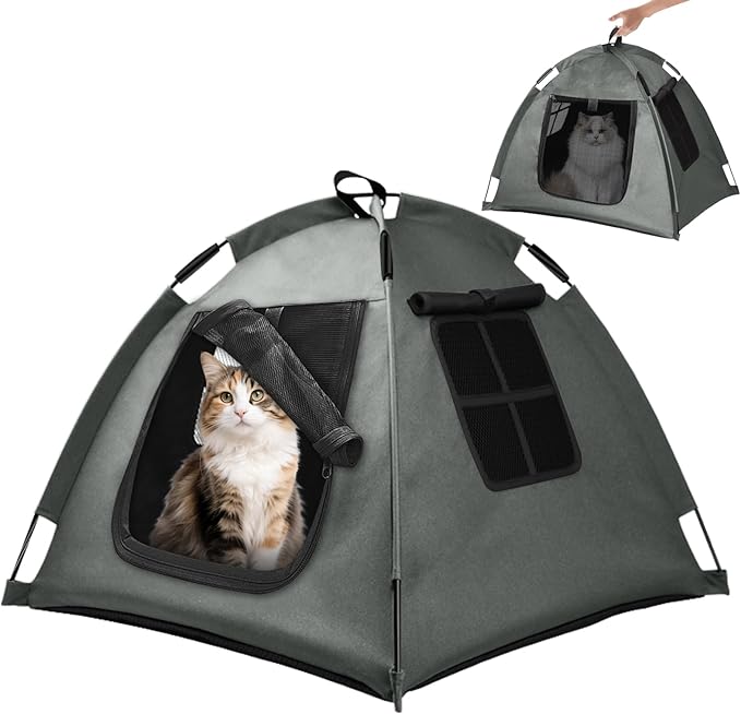 Portable Pet Tent with Full-Enclosure Zippered Mesh Door, Indoor & Outdoor Cat House for Safety & Ventilation, Cozy Nest for Cats, Puppies & Small Animals, Grey