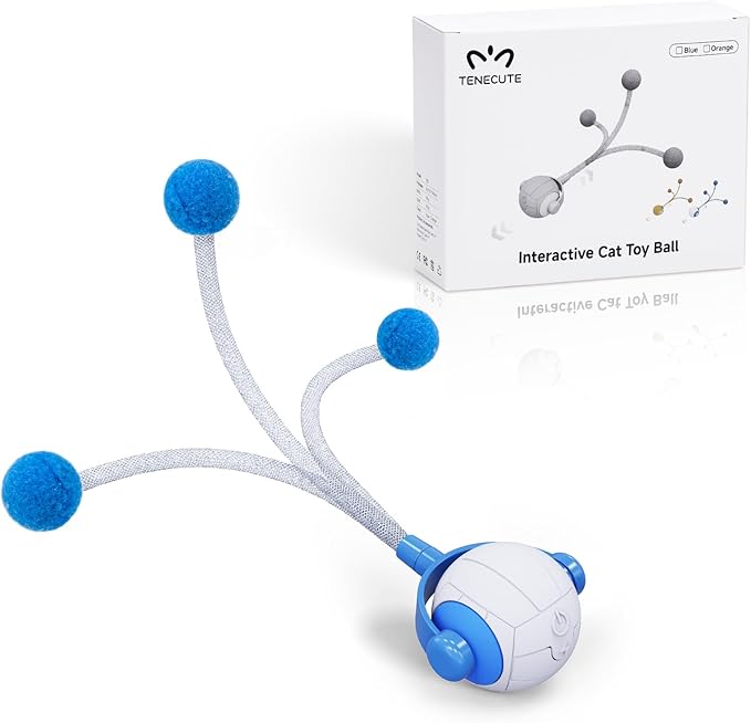 Cat Toys for Indoor Cats, Interactive Cat Toy Ball with Pom-Pom Tails, Automatic Cat Toy Self Play Exercise Toy to Relieve Boredom for Kitten & Adult Cats (Blue)