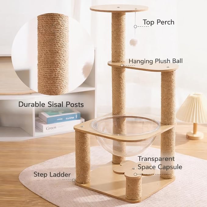 32IN Cat Tree with Clear Acrylic Bowl Bed, Multi-Level Cat Tower with Sisal Scratching Posts, Wooden Platforms and Hanging Toy, Indoor Cat Climbing Activity Furniture