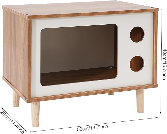 Solid Wood Cat House Nightstand, TV-Shaped Pet Bed with Peek-a-Hole, Modern Cat Furniture for Indoor Cats, Multi-Functional Bedside Table Load 165lb, 19.7" L x 11.4" W x 15.7" H