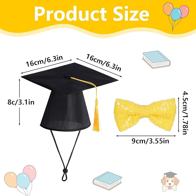 Pet Graduation Cap and Bowtie Set, Adjustable Dog Cat Graduation Hat with Gold Sequin Bowtie for Graduation Party Costume Accessory
