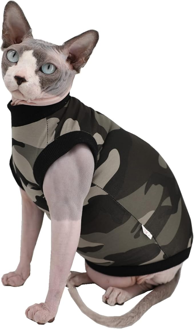 Sphynx Hairless Cat Summer Cotton T-Shirts Cat Vest Pet Clothes,Round Collar Vest Kitten Shirts Sleeveless, Cats & Small Dogs Apparel (Small, Black Camo)