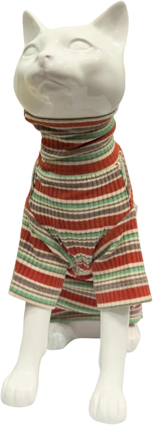Turtle Neck Vintage Stripes Sphynx Hairless Cat Cotton T-Shirts Pet Clothes Vest Kitten Shirts Sleeveless, Cats & Small Dogs Apparel (Autumn, XXL (13-16 lbs))