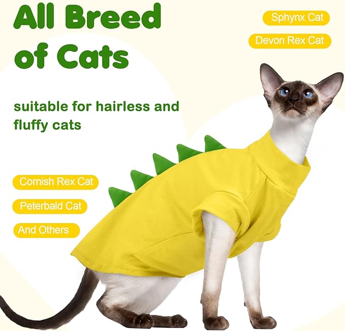 DENTRUN Sphynx Cat Clothes, Cute Dinosaur Design Hairless Cat Costume, Breathable Cotton Shirts Cat Clothes for Cats Only, Round Collar Kitten Daily T-Shirts with Sleeves, Cats Funny Cosplay Apparel