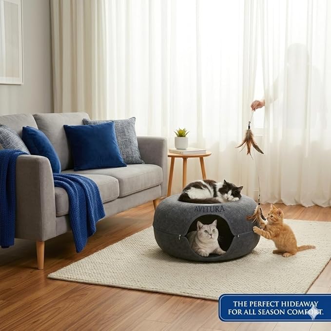 AVITURA Peekaboo Cat Cave - Large Cat Tunnel Bed for Indoor Cats up to 30lbs, Durable Felt Cats Donut Cave & Interactive Scratch Resistant Hideaway, Detachable Zippered Kitty Bed & Pet Cave, Dark Grey