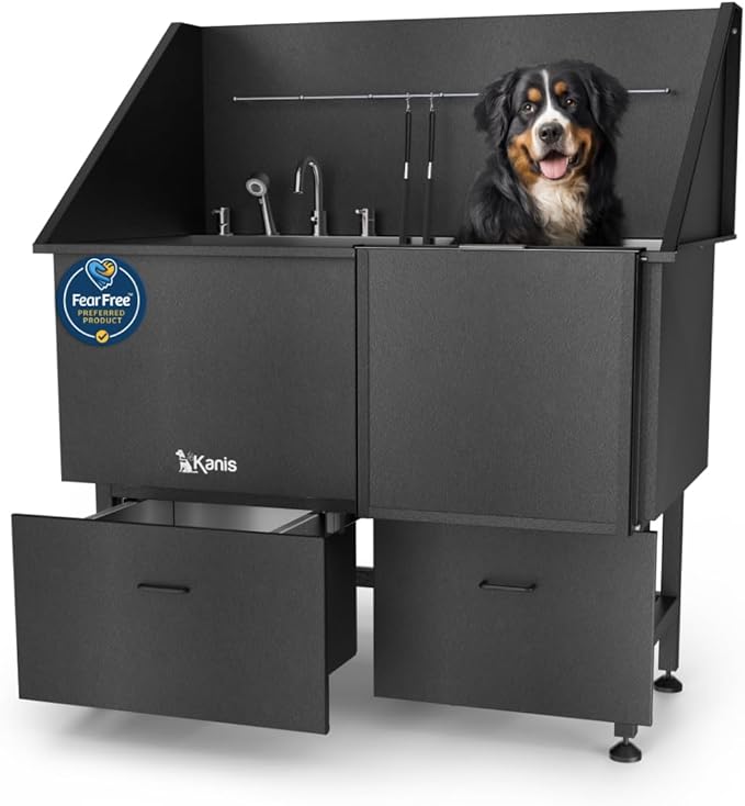 KANIS Professional Dog Washing Station 304 Stainless Steel Pet Wash Sink & Grooming Bathtub w/Shower, Floor Grates and Storage for Large, Medium & Small Pets (Black, 50 Inches, Right Ramp, 2 Drawers)