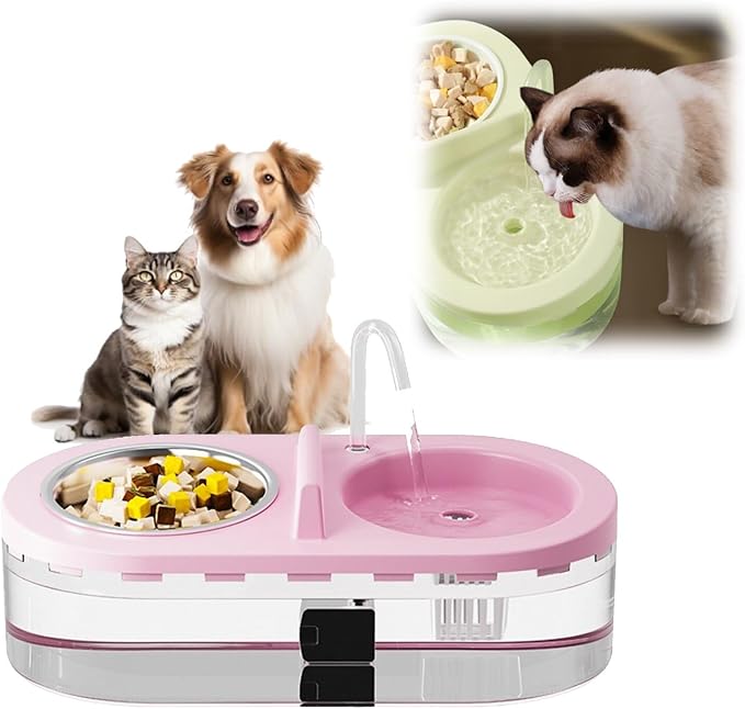 Cat Fountain Water Bowl Stainless Steel, 2 in 1 Automatic cat Feeder for Pets Dogs, Puppies, Kittens (Pink, S)