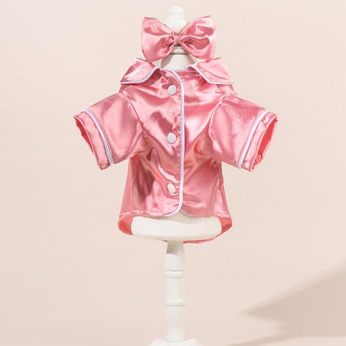 Cat Puppy Costume Elegant Satin Pajamas with Bow Headband 2PCs Set Pet Sleepwear Cute Pet Outfit Cosplay Partywear Photoshoots (Pink Set,Medium)