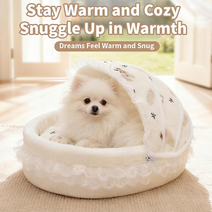 Cradle Nest Cat Cave Bed - Semi-Enclosed Plush Cradle Pet Bed with Removable Washable Cover, Cute Princess Dog Bed, Small Dog House & Cozy Cat Furniture for Indoor Cats, Small Dogs, Puppies