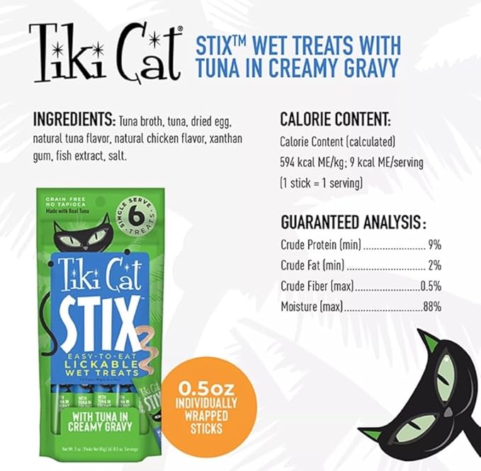 Tiki Cat Stix Wet Treats, Grain Free Lickable Smooth Mousse Blend with Tuna Creamy Gravy 6 Stix in 1 Pouch (Pack of 2), Plus 1 Cat Pom Pom Balls Toy