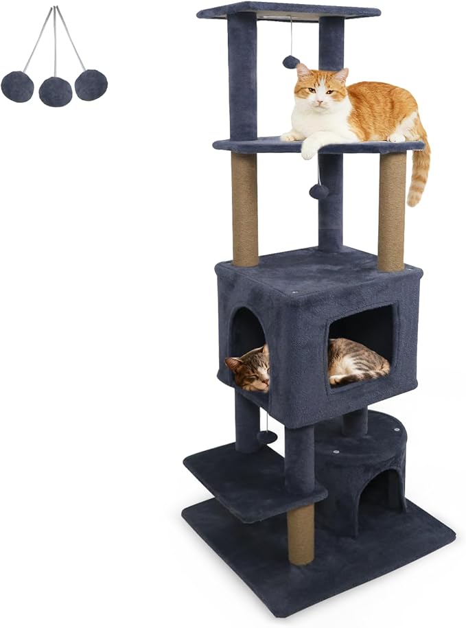 Tangkula 64 Inch Tall Cat Tree, Multi-Level Cat Tower with 2 Large Condos, Jute Scratching Posts, Plush Top Perch, Dangling Toys, Cat Climbing Furniture for Indoor Adult Cats & Kittens (Dark Gray)