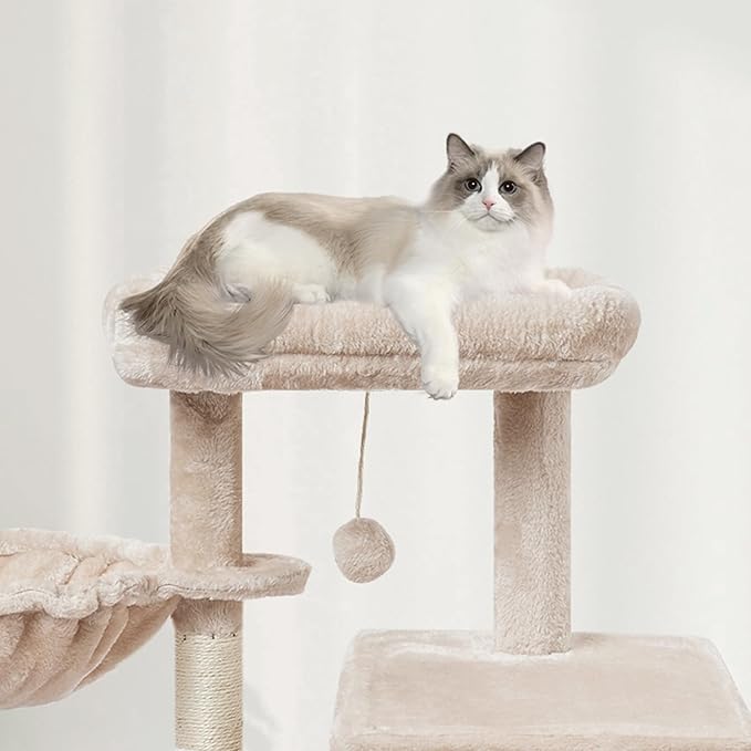 Beige Cute Cat Tree Tower for Indoor Cats Condo with Sisal Scratching Posts Jump Platform Furniture Activity Center Play House Bed