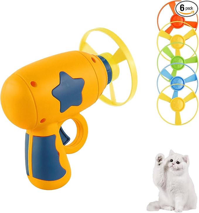 Andiker Cat Fetch Toy, Interactive Kitten Flying Disc Launcher Toy with 5 Colorful Flying Propellers for Cat Enrichment, Flying Saucer Toy for Cats for Training and Chasing (Yellow)