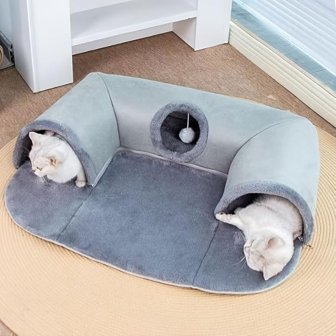 Cozy Pet Cave 3-in-1 Cat Tunnel Bed, Gray Plush with Fleece Lining, Anti-Slip Base, Multiple Entrances, Indoor Cat House, 33.46 x 25.59 Inch