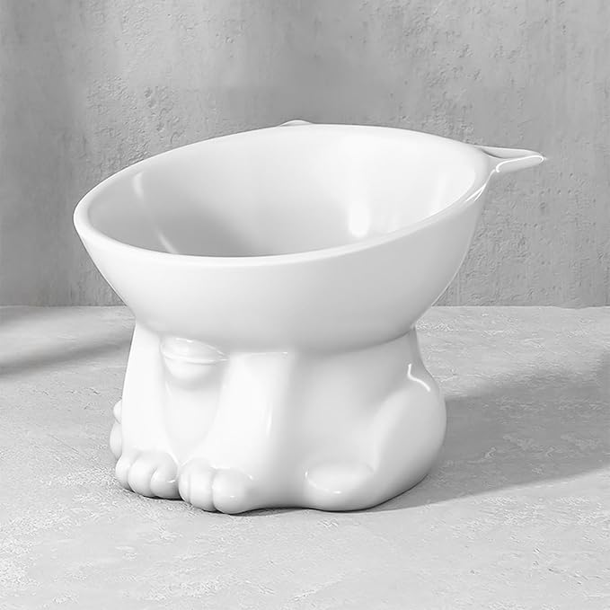 Elevated Cat Food Bowl, Raised and Tilted Water Bowl, Anti Vomiting and Protect Pets' Spines Dishes for Small Dog, Fat Faced Cat, Kitten (White)