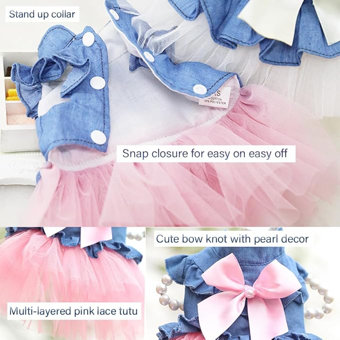 ANIAC Pet Denim Dress with Cute Bow-Knot Comfy Vest Skirt Lace Trim Tutu Summer Spring Clothes for Cats and Small Dogs (X-Large)