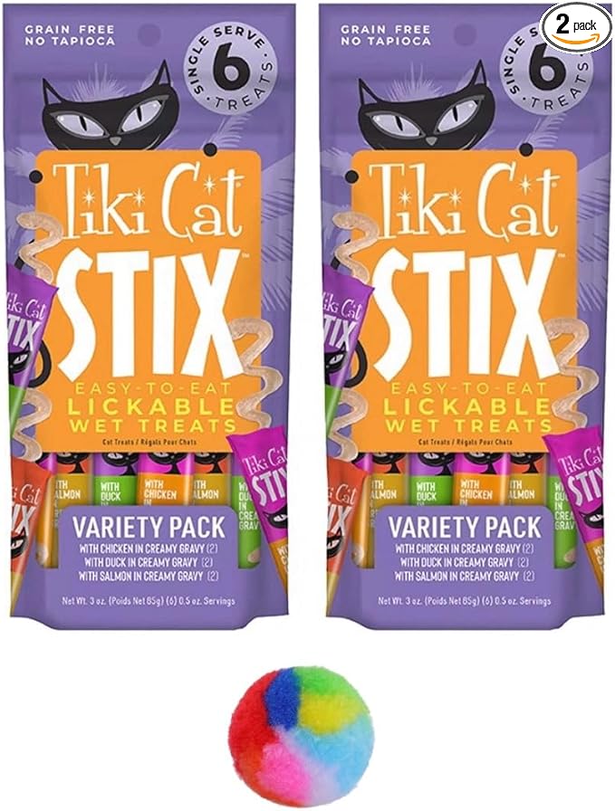 Tiki Cat Stix Mousse Treats, Single Serve Indulgent Lickable Treat, Variety Pack with Salmon, Chicken and Duck, 3 oz. Pouch, 6 Stix in 1 Pouch (Pack of 2), Plus 1 Cat Pom Pom Balls Toy