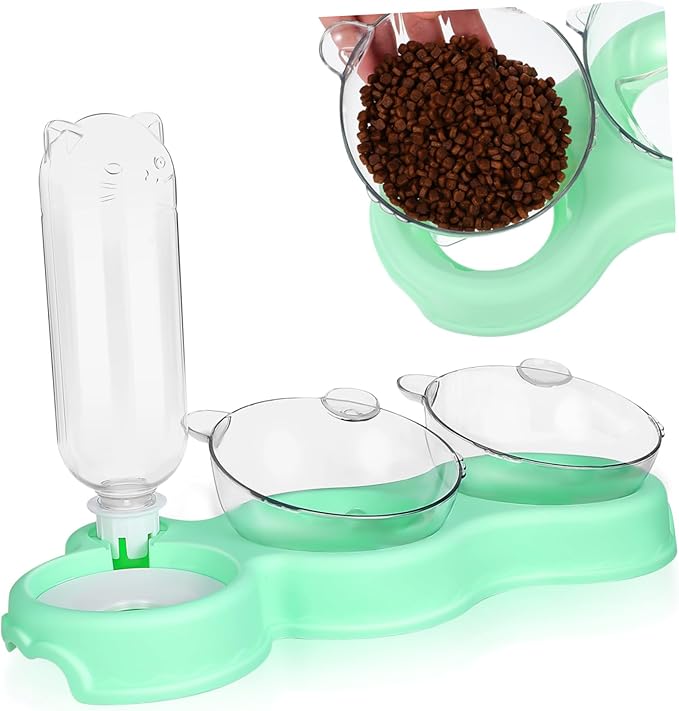 BESTonZON 3-in-1 Multifunctional PET Bowls for Food and Water Double Plastic Bowls with Automatic Water Bottle Feeding Solution for Small Cats and Dogs