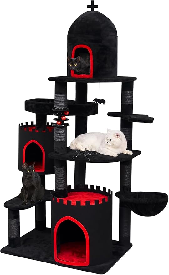 YARUOMY Gothic Castle Cat Tree, 68.9in Black Tall Cat Tower with Coffin Cat Bed, Spacious Cat Condo for Large Cats, Scratching Posts, Spider Hanging Ball,Basket,Cat Ball Track Toy