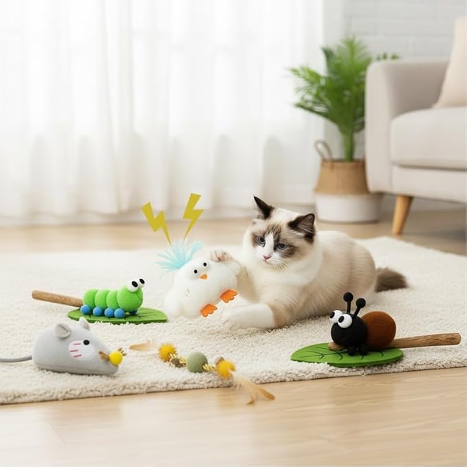 Catnip Toys for Cats, 5 Pcs Interactive Cat Toys Set with Silvervine Sticks, Squeaky Plush Mouse & Chirping Bird, Organic Catnip Dental Chew Toys for Kitten Teething & Boredom Relief