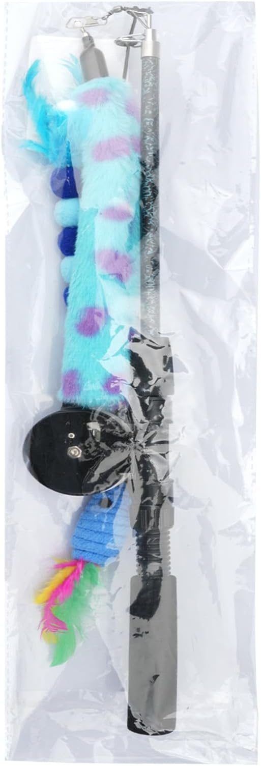 Pawaboo Cat Teaser Wand Toys, Cat Fishing Pole Toy with 3 Pack Feather Refills, 3-Section Retractable Kitten Feather Toys with Pulley, Indoor Cats Teaser Catcher Exerciser with Bell, Blue