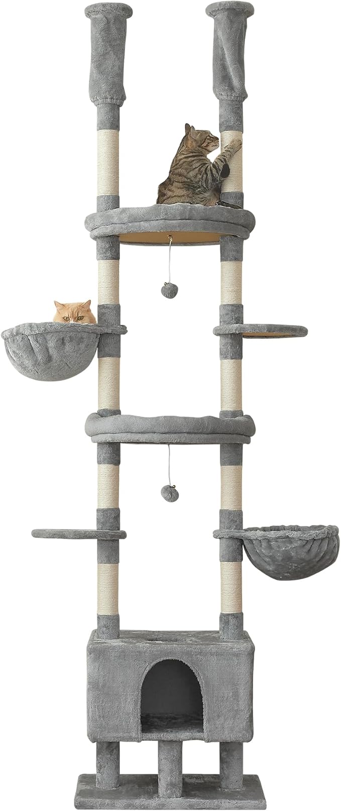 Cat Tree, Floor to Ceiling Cat Tower Adjustable Height [92.9-102.4 in=235-258cm], 7 Tiers Cat Climbing Play House with Scratching Post, Cozy Condo&Hammocks for Indoor Cats, Light Grey