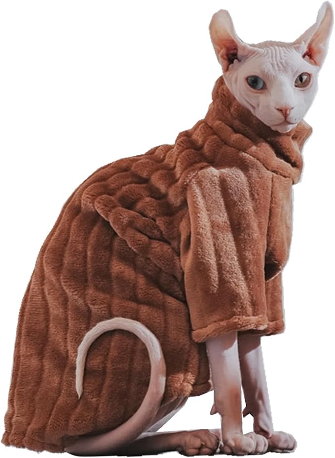 Turtleneck Sweater for Sphynx Cat Soft Coral Fleece Cat Clothes Thick Winter Warm Outfit Coat for Hairless Cats and Small Dogs Apparel with Sleeves (Brown, M (5-7 lbs))