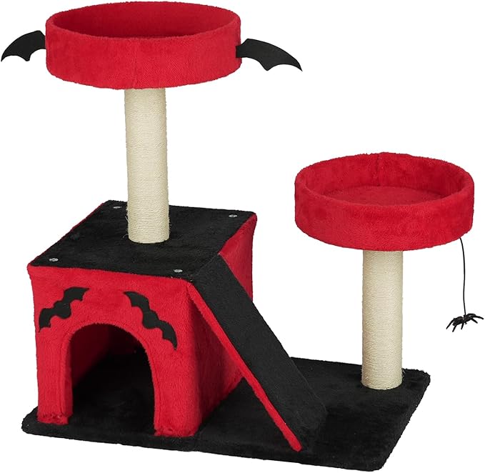 26" Gothic Cat Tree, Cat Tower with Spacious Cat Condo, 2 Padded Perches, Spider Toy, Scratching Posts, Scratching Ladder for Large Cats, Red & Black (60 * 40 * 66CM)