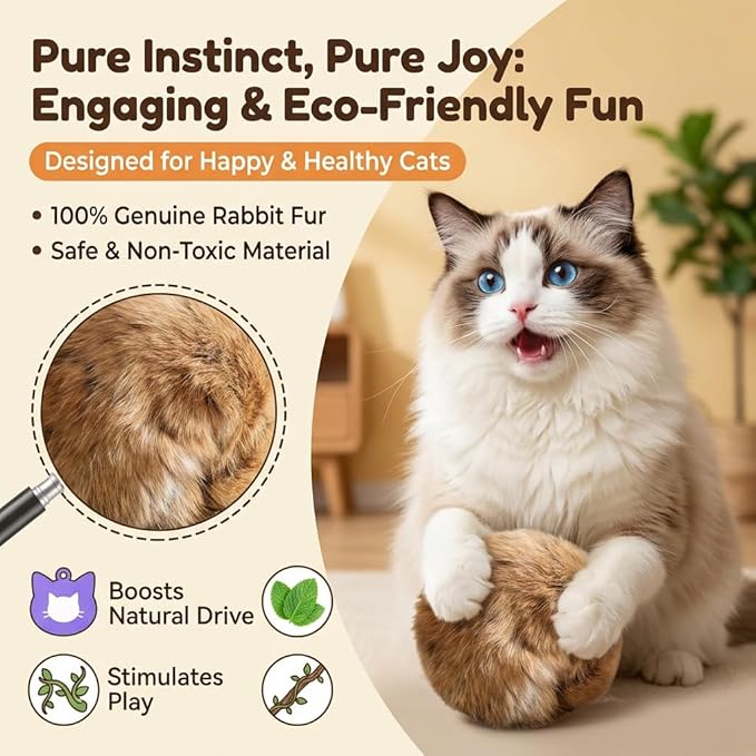 Rabbit Fur Ball Cat Toys,6 Pack Soft Fluffy Catnip Toy Balls for Indoor Cats,3.15 Inch Furry Cat Exercise Ball for Hunting Instinct&Bunny Kicks,Washable Interactive Cat Toy for Chasing & Bonding(3PC)