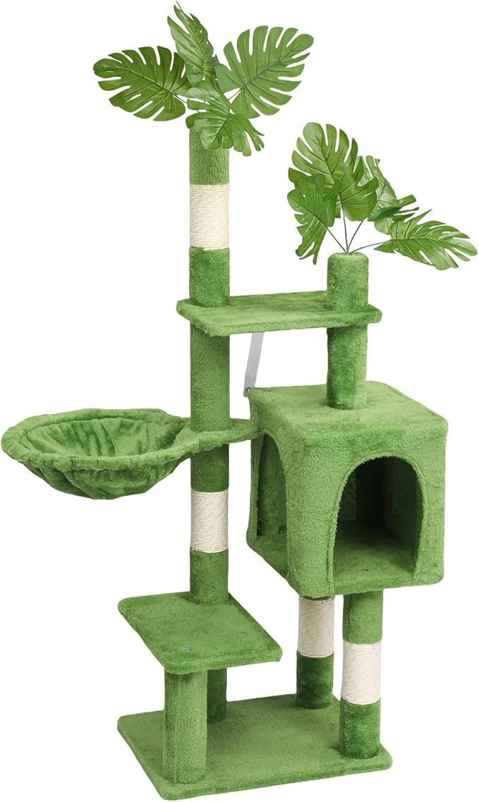 48in High Cat Tree Tower, Cat Tower for Indoor Cats, Include Condo, Hammock, Sisal Scratching Posts, Plush Fabric Wrapped, Tropical Style, Multi-Level Activity Center for Small and Medium Cats, Green
