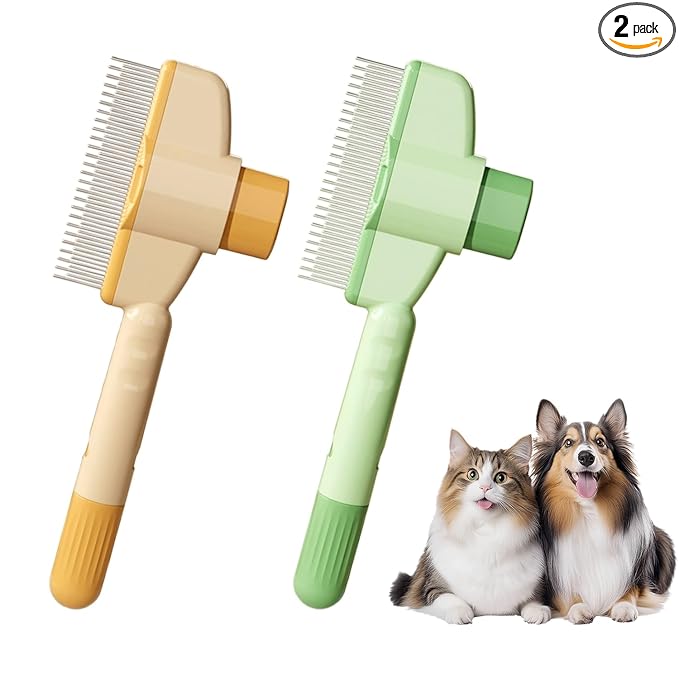 2-Pack Pet Hair Removal Comb & Flea Comb with Release Button for Cats & Dogs - Grooming Brush for Short/Long Hair Green & Yellow
