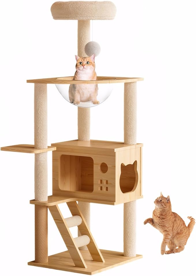 Modern Wooden Cat Tree for Indoor Cats, 48.8" Cat Tower with Scratching Posts, Acrylic Hammock, Multi Level Cat Condo for Large Cats (48.8")