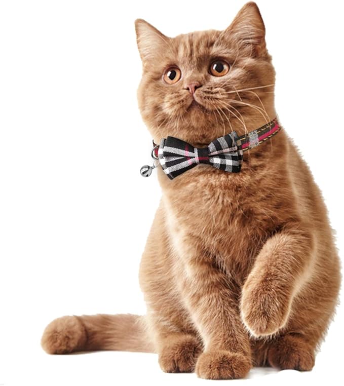 2 Pack/Set Cat Collar Breakaway with Cute Bow Tie and Bell for Kitty and Some Puppies, Adjustable from 7.8-10.5 Inch (Red+Black, Plaid)