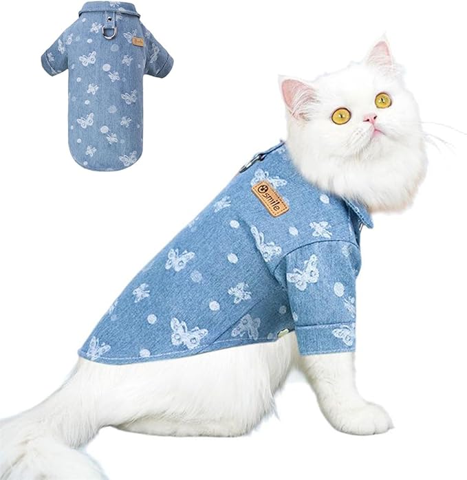 Unisex Pet Denim Shirt for Cats & Small Dogs, Soft Washed Denim, Collared Button Down with Back D-Ring, Breathable Cotton, Spring/Summer/Fall (Medium, Shirt-Light Blue with Butterfly)