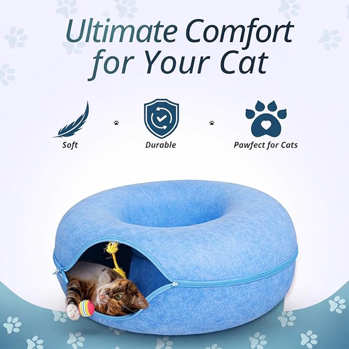 MeowMates Peekaboo Cat Cave Donut Bed for Multiple Cats Upto 45lbs, 3-in-1 Large Cat Tunnel & Donut Bed Combo w Round Tunnel Scratcher for Indoor Cats, Hanging Toy, Washable & Detachable