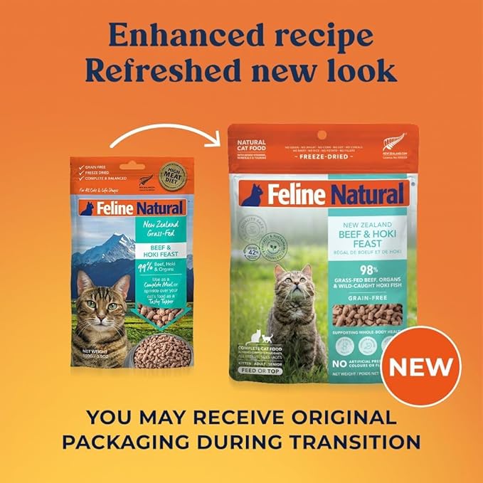 Feline Natural High Protein Dry Cat Food, Freeze-Dried Diet with 98% Meat, Organs & Seafood, No Peas, Grains, or Artificial Additives, Made in New Zealand Beef & Hoki, 3.5oz