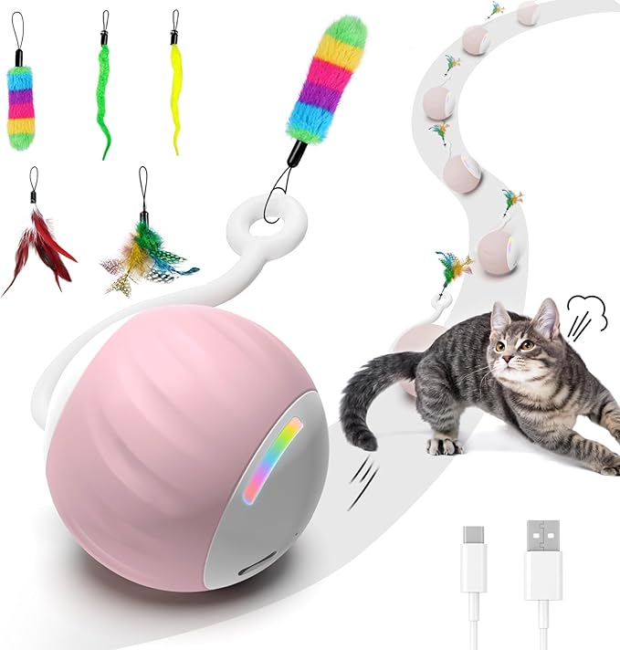 2.36 Inches Large Cat Toys Ball - Won’t Get Stuck, [Newly Upgraded] Sound & Motion-Activated, 2 Speed Fast/Slow Settings Automatic Interactive Cat Toy for Indoor Cats with 5 Tails Rechargeable - Pink